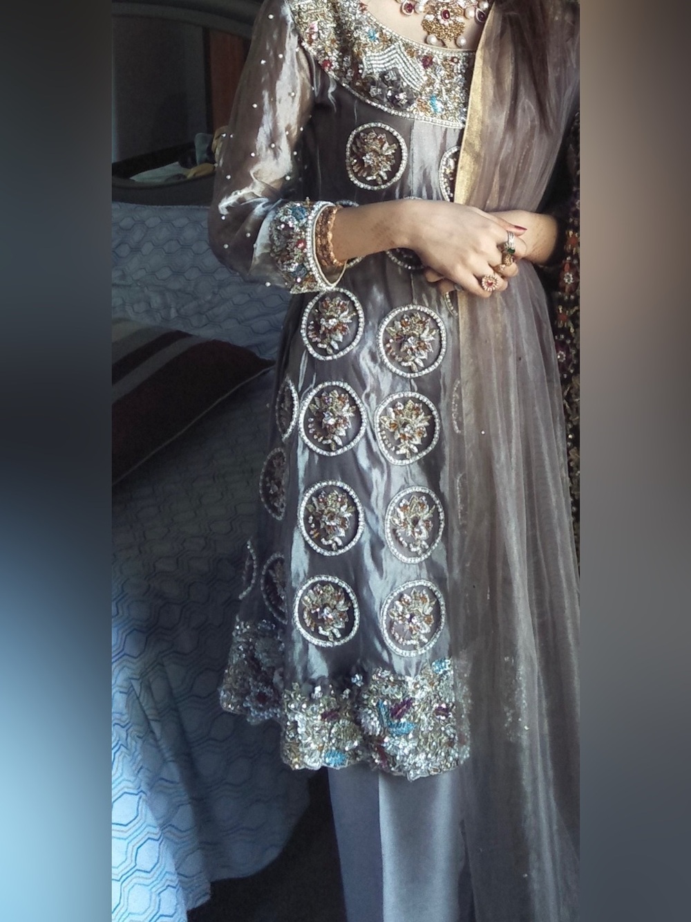 Embellished Grey Women's Dress with Intricate Beadwork